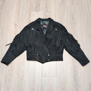 Vintage 90s g4000 Cropped Fringe Suede Leather Western Jacket Women Medium Black